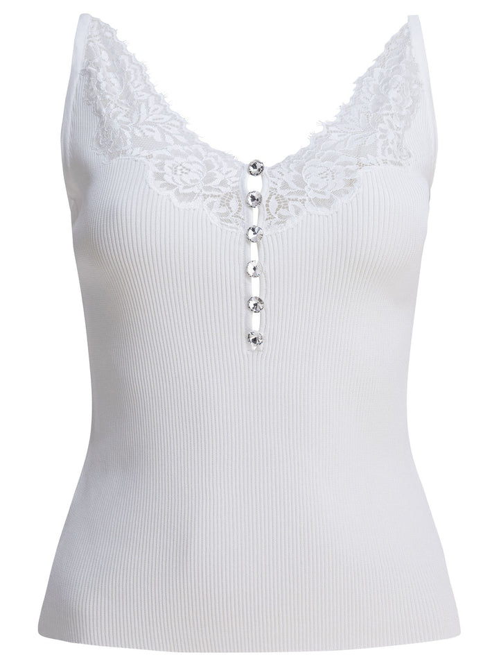 Self-Portrait Ribbed Tank Top With Lace Neckline Top - Bianco | b1b335945a071f7cdc7fe0745ace24a56d8d8ecd