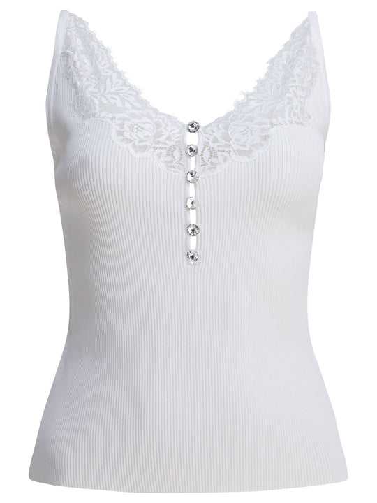 Ribbed Tank Top With Lace Neckline Top Bianco