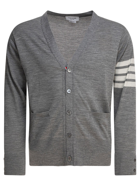 Classic V-Neck Cardigan In Fine Merino Wool W/ 4bar Stripes Knitwear Grey