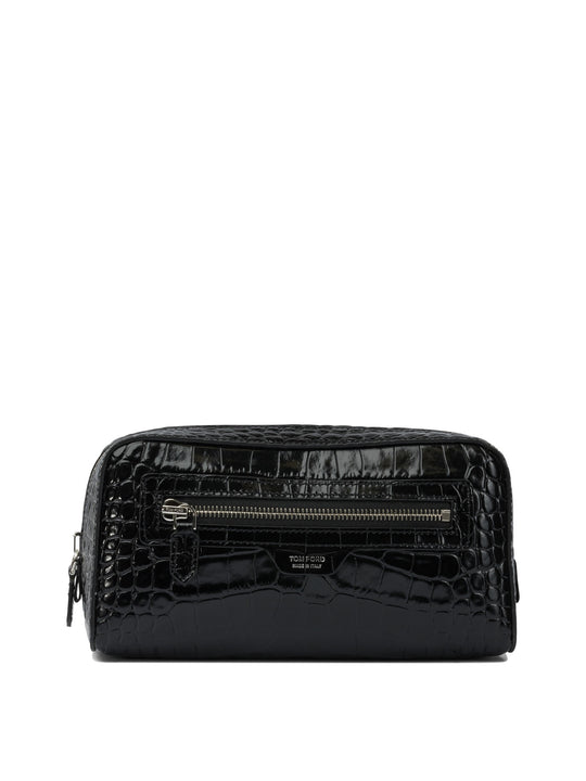 Crocodile Print Leather Beauty Case Clutches Nero