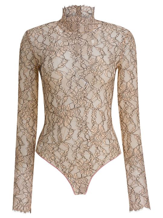 Floral Lace Bodysuit Top Beige