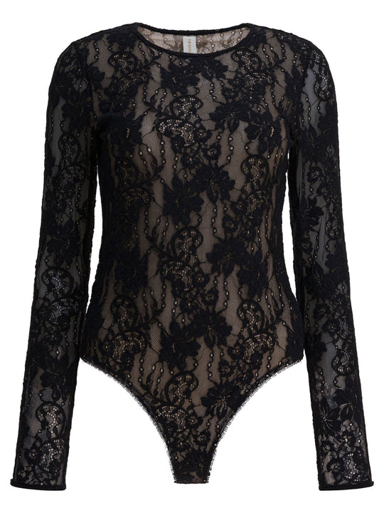 Perforated Lace Bodysuit Top Nero