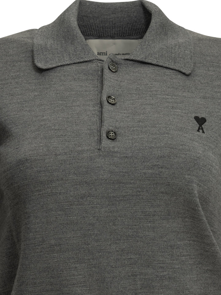 Ami Paris Polo in Lana Merino Maglieria Grigio