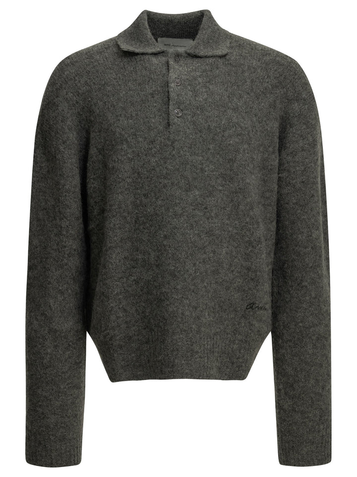 Ami Paris Maglione Polo Con Logo Maglieria Grigio