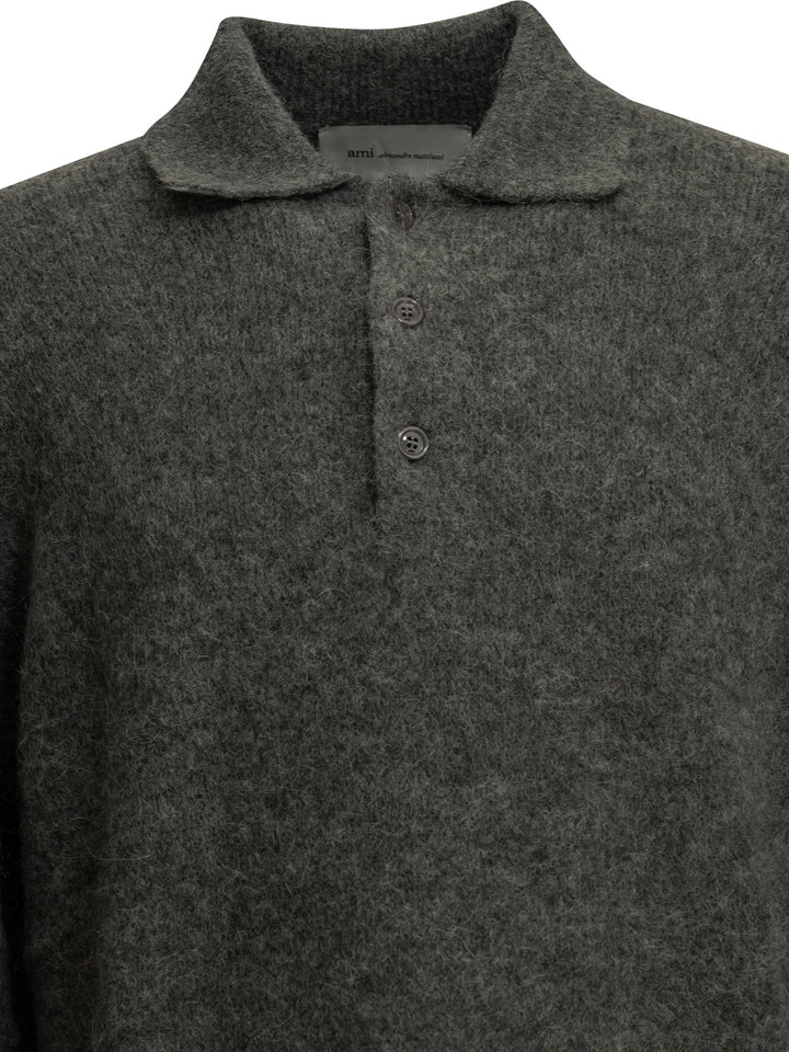Ami Paris Maglione Polo Con Logo Maglieria Grigio