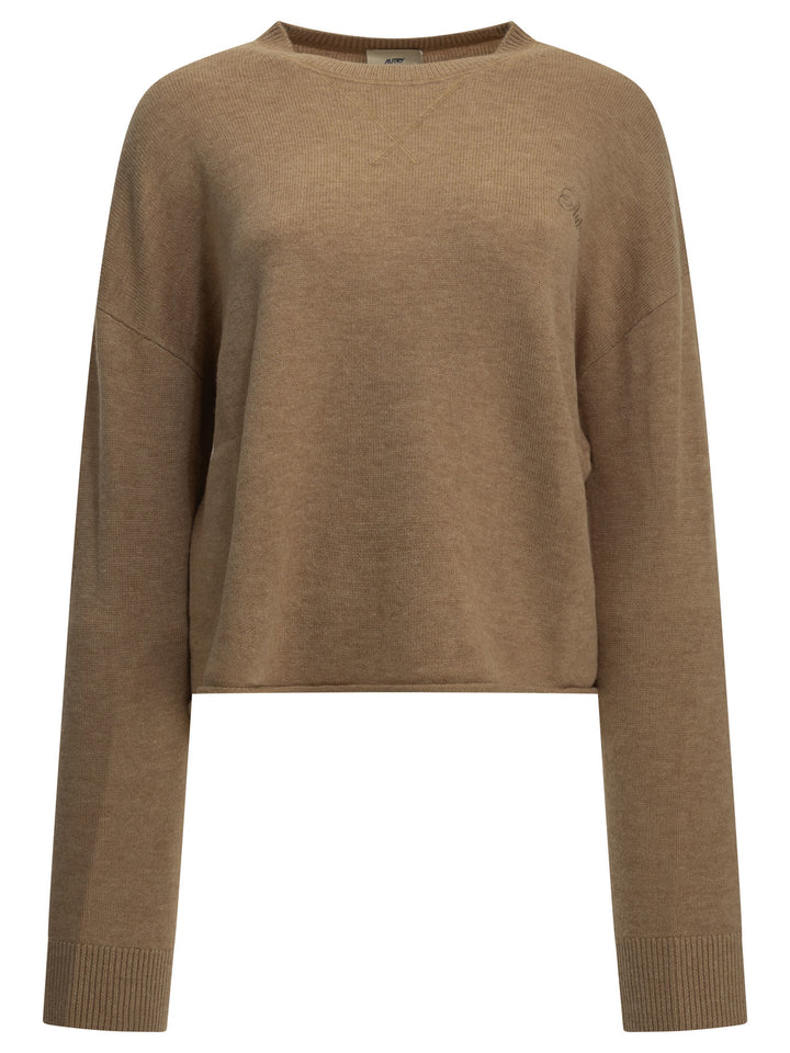 Autry Crew-Neck Sweater With Logo Knitwear Beige
