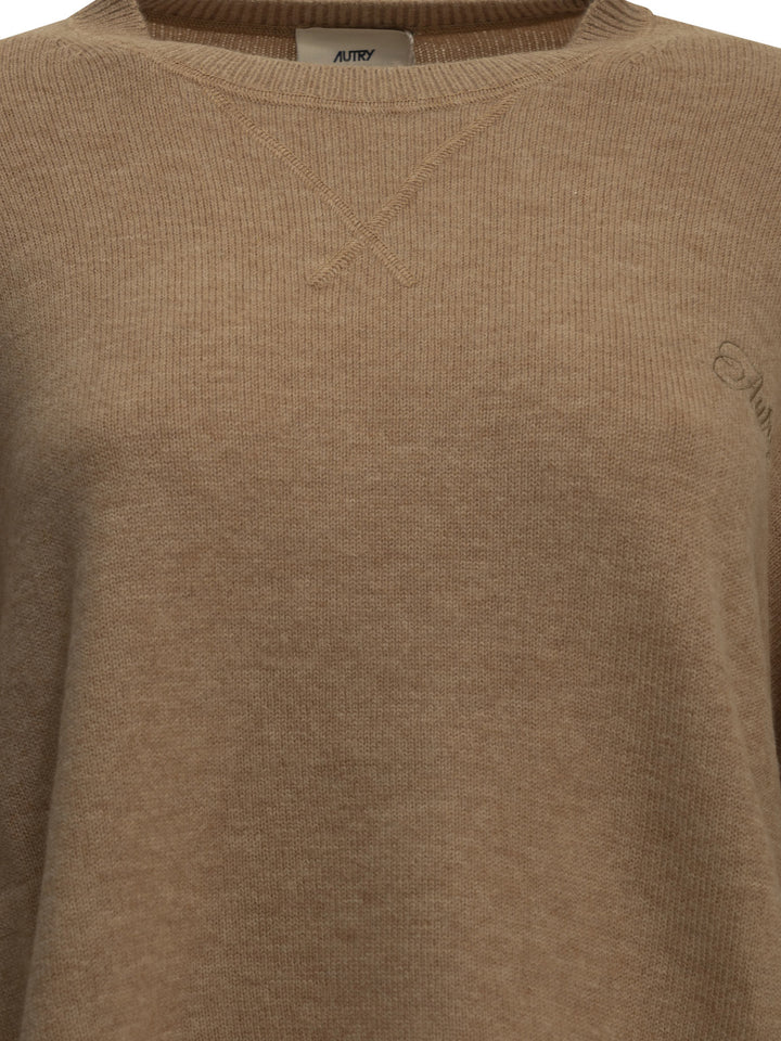 Autry Crew-Neck Sweater With Logo Knitwear Beige