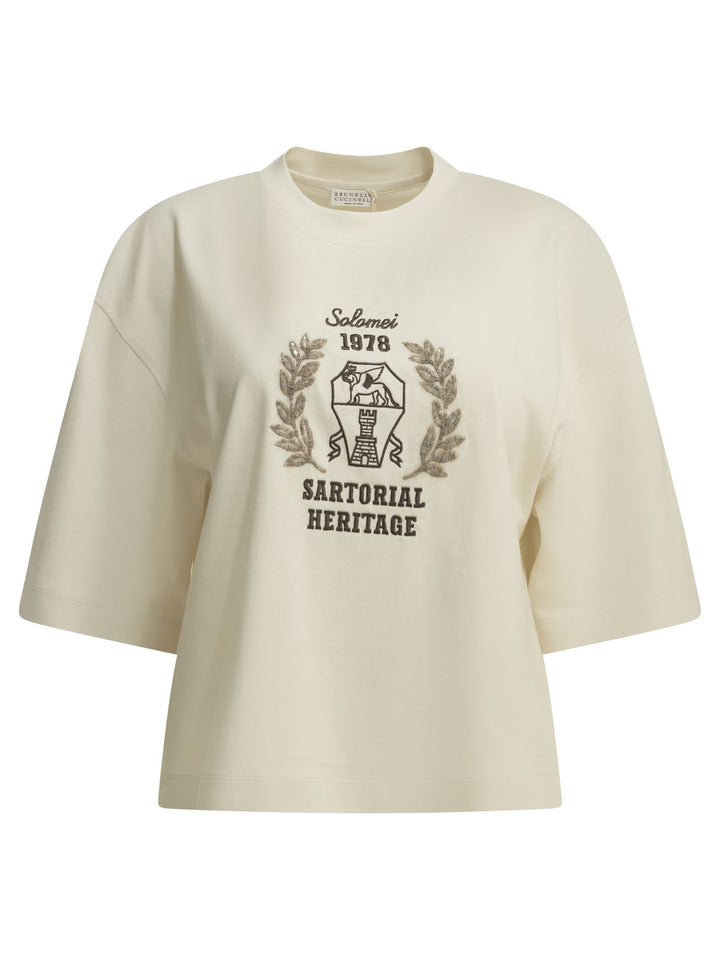 Brunello Cucinelli Crew-Neck T-Shirt With Logo T-shirts - Beige | ae6a3c3ced90663e9d09469c93c0133c06bd9af3