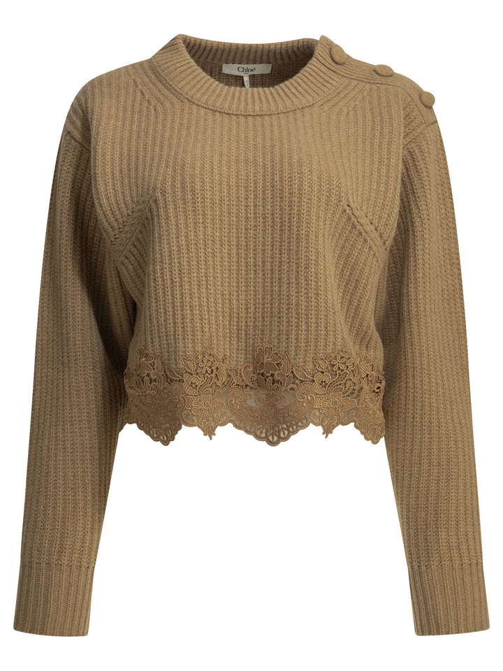 Chloé Crew-Neck Sweater With Lace Knitwear - Marrone | 771a55f4357c69da64d2b67340bfe675ade58384