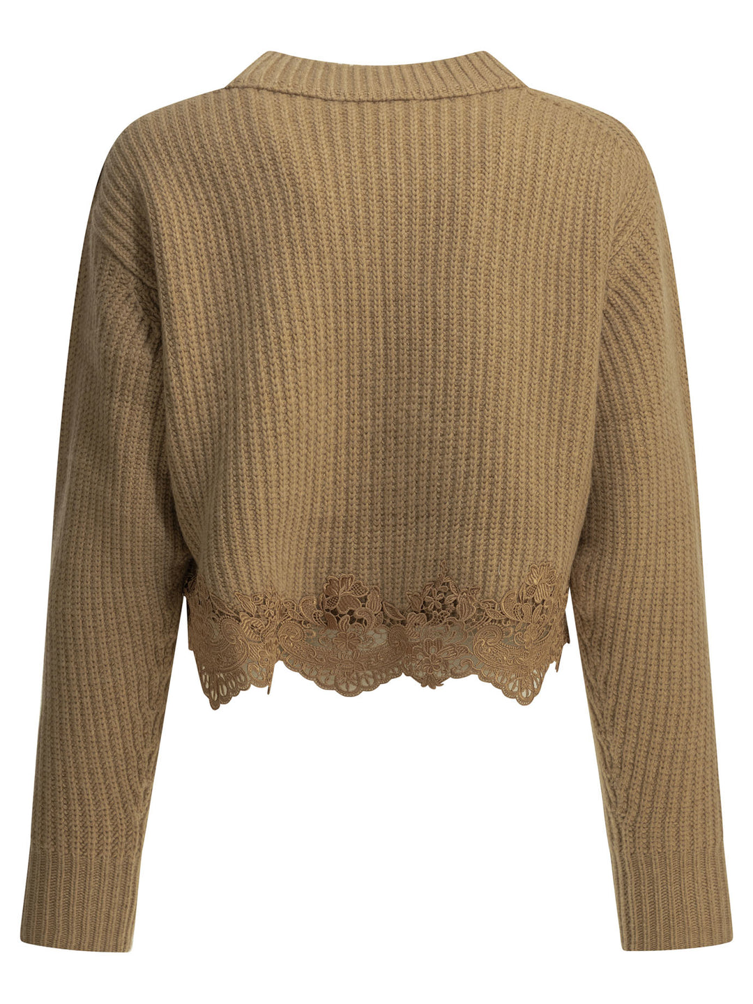 Chloé Crew-Neck Sweater With Lace Knitwear - Marrone | b232acc2271fe281cd8500f298aa9a19f71364b1