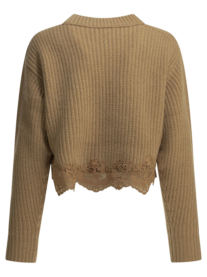 Chloé Crew-Neck Sweater With Lace Knitwear - Marrone | b232acc2271fe281cd8500f298aa9a19f71364b1