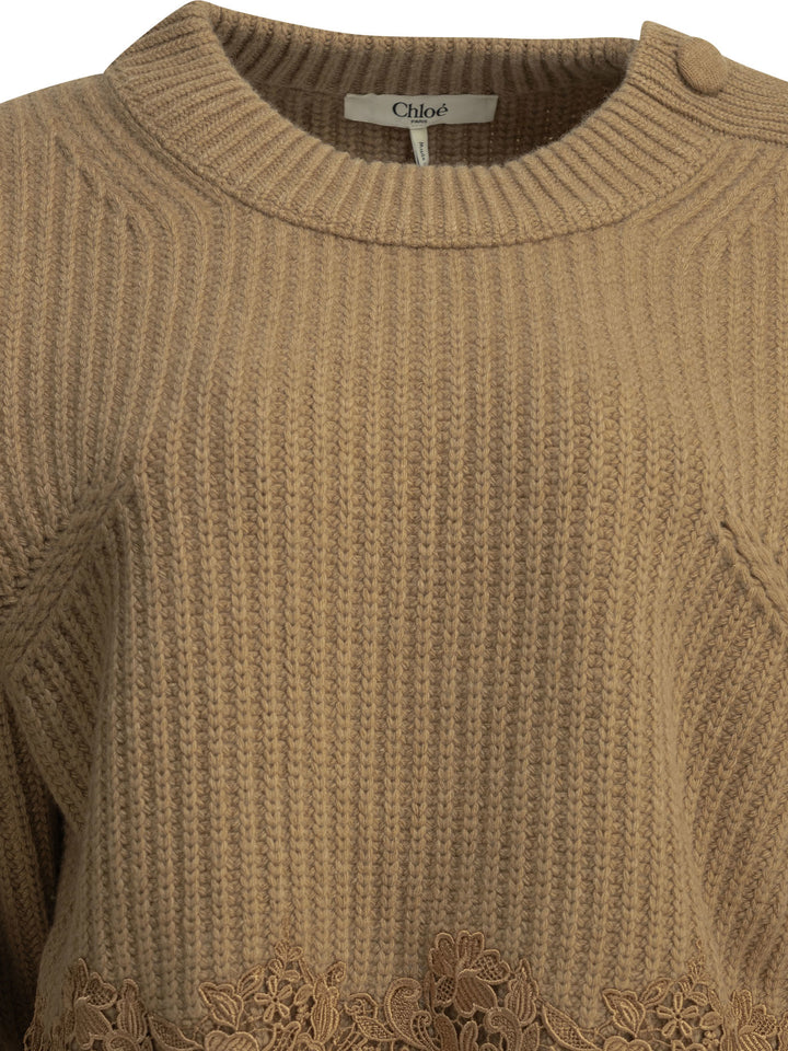 Chloé Crew-Neck Sweater With Lace Knitwear - Marrone | ecf34493b76adc3e10ab3c56590a728571fc0c47