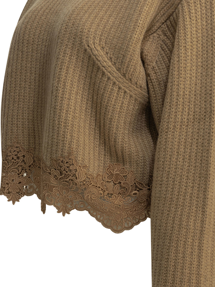 Chloé Crew-Neck Sweater With Lace Knitwear - Marrone | a7f28bf718bcc9928b114b8c0118574fffb36d50