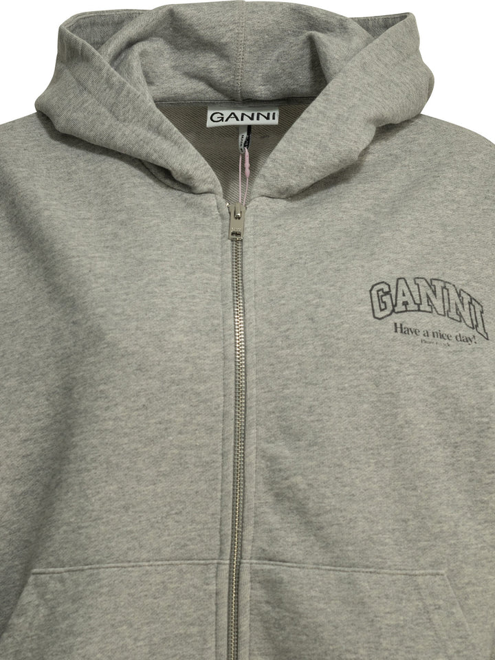 Ganni Sweatshirt With Zipper And Logo Sweatshirts - Grey | 352ef0ce79e79338c9db8bd9042226c7f6021dc0