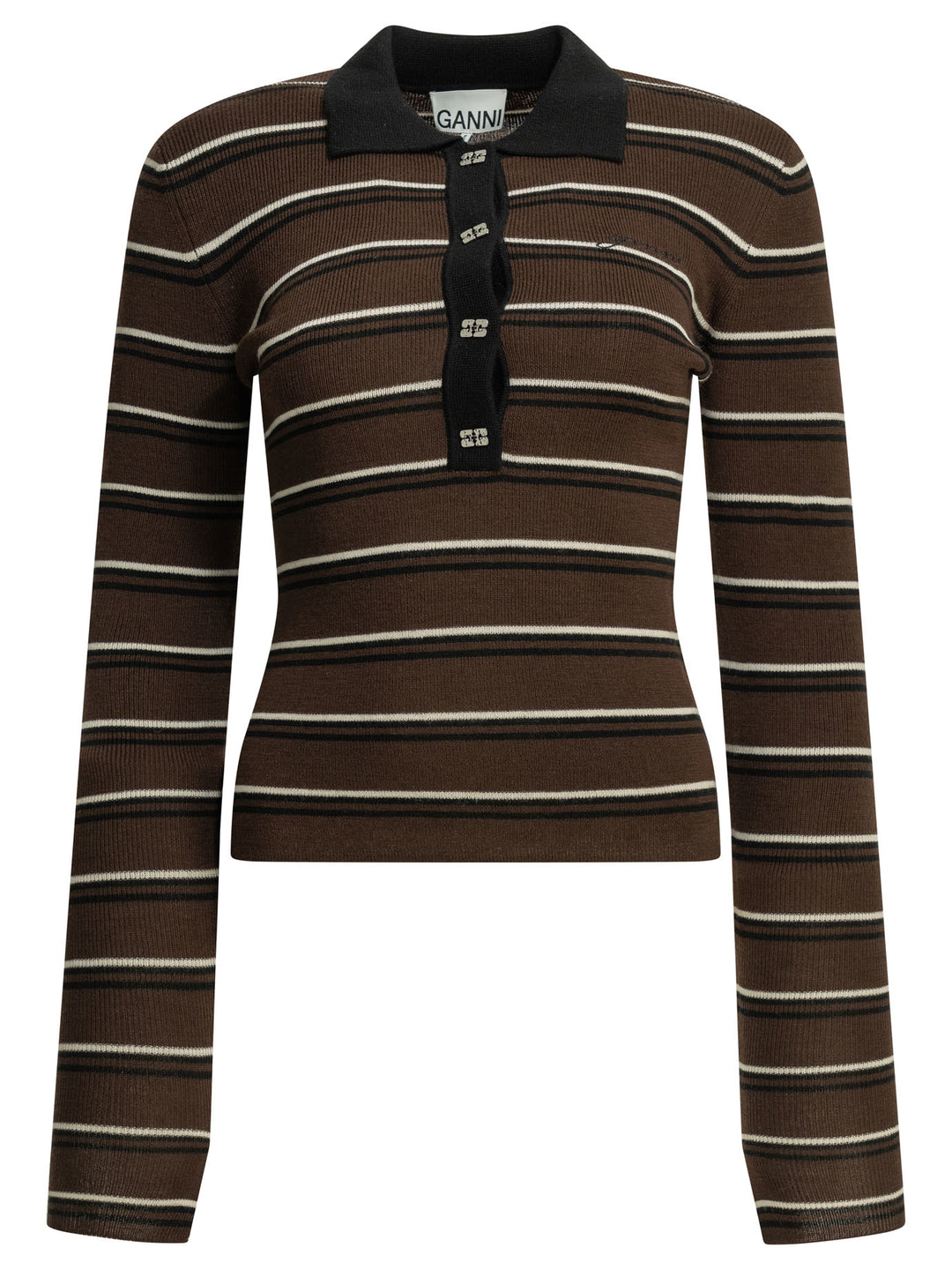 Ganni Striped Wool Polo Sweater Knitwear - Marrone | 924b7510a001d3d8a3451892e77670e4a927bf09