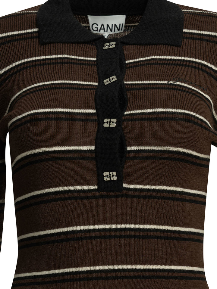 Ganni Striped Wool Polo Sweater Knitwear - Marrone | 56ed1c7cad745872b00298e354d00bdc2b97a982