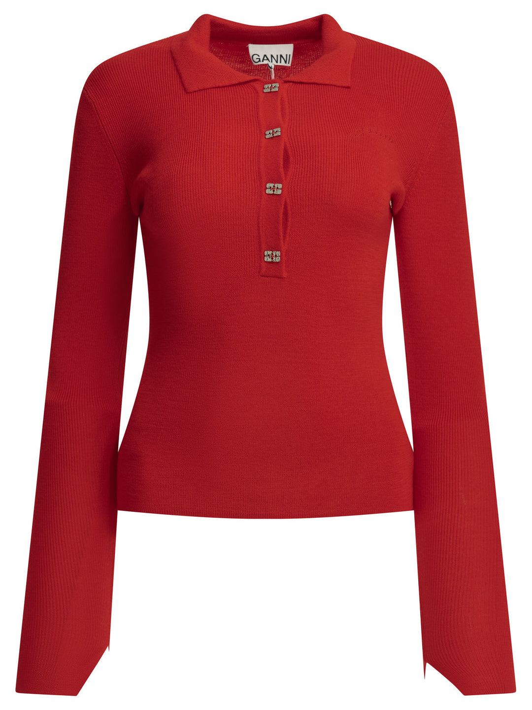 Ganni Merino Wool Polo Sweater Knitwear - Rosso | 1fc6d192889bcd68787fe6b43e22e9a398b49ac8