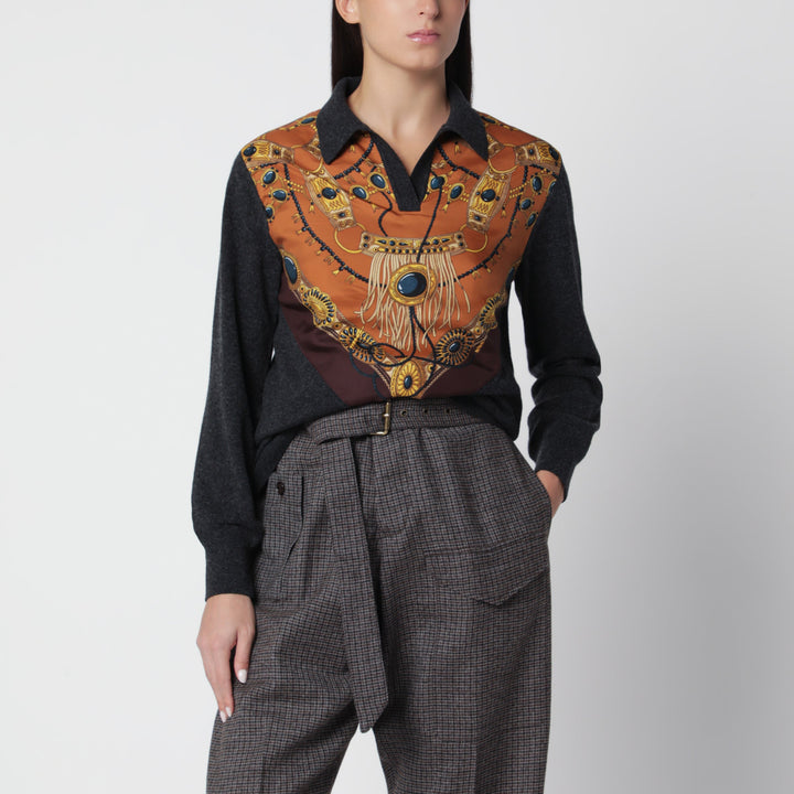 Etro Maglione Grigio In Lana E Cashmere Con Intarsio In Seta Stampata