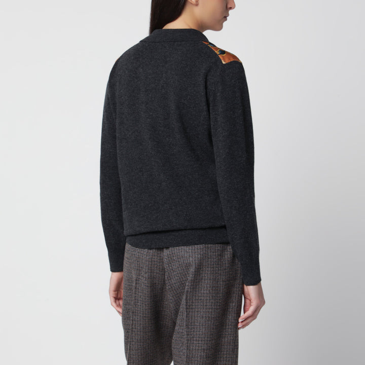 Etro Maglione Grigio In Lana E Cashmere Con Intarsio In Seta Stampata