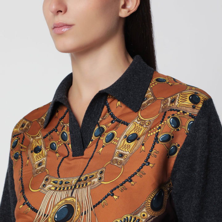 Etro Maglione Grigio In Lana E Cashmere Con Intarsio In Seta Stampata