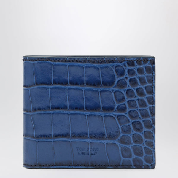 Bifold Wallet In Blue Glossy Crocodile-Effect Leather