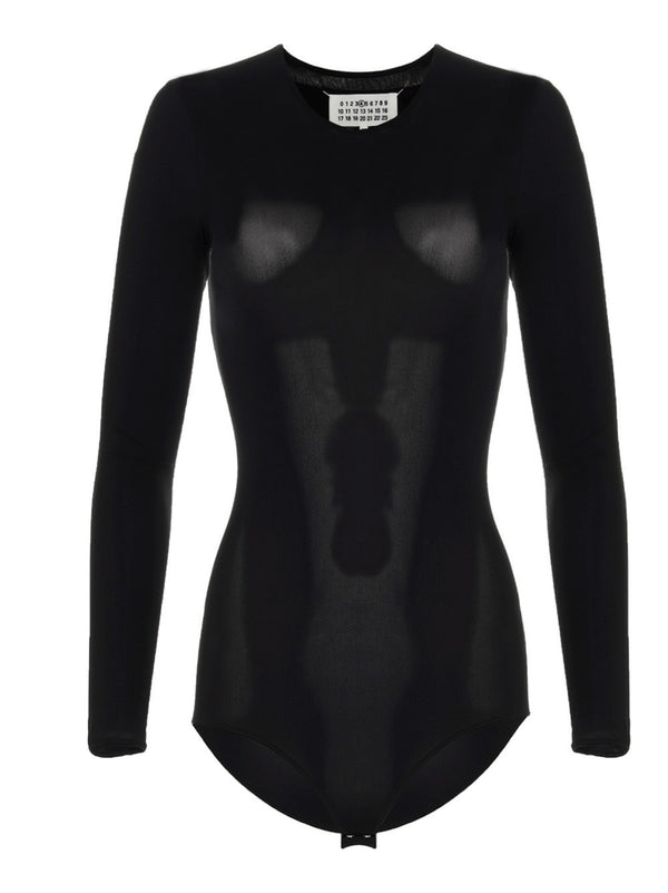 Long Sleeves Crew Neck Bodysuit Top Nero