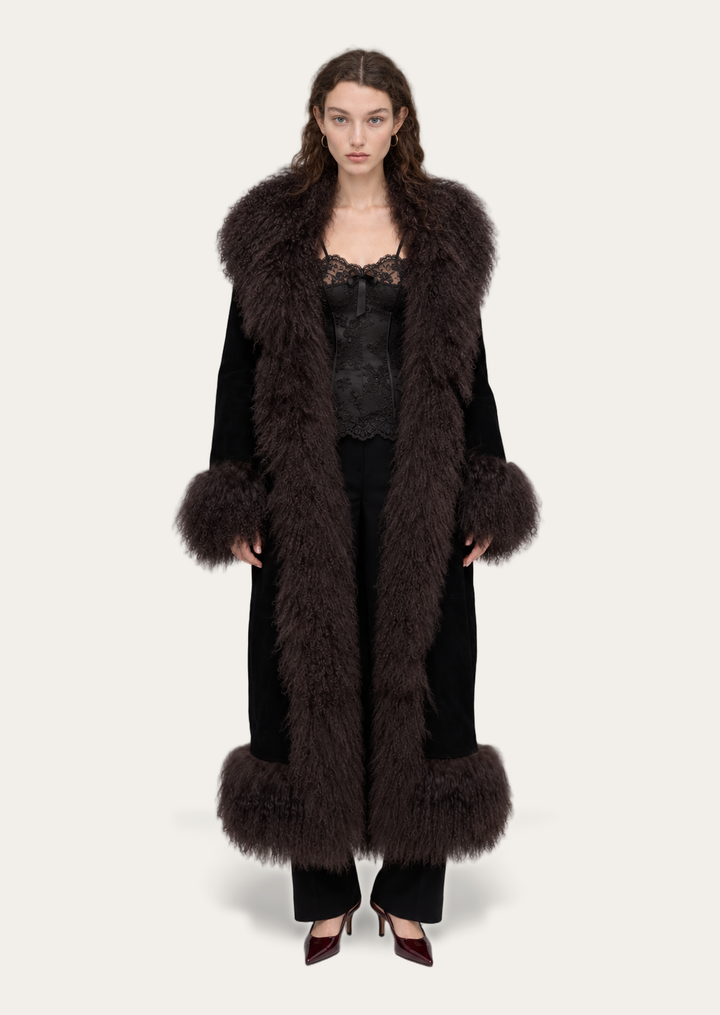 Cappotto Billy Nero in camoscio e Mongolia