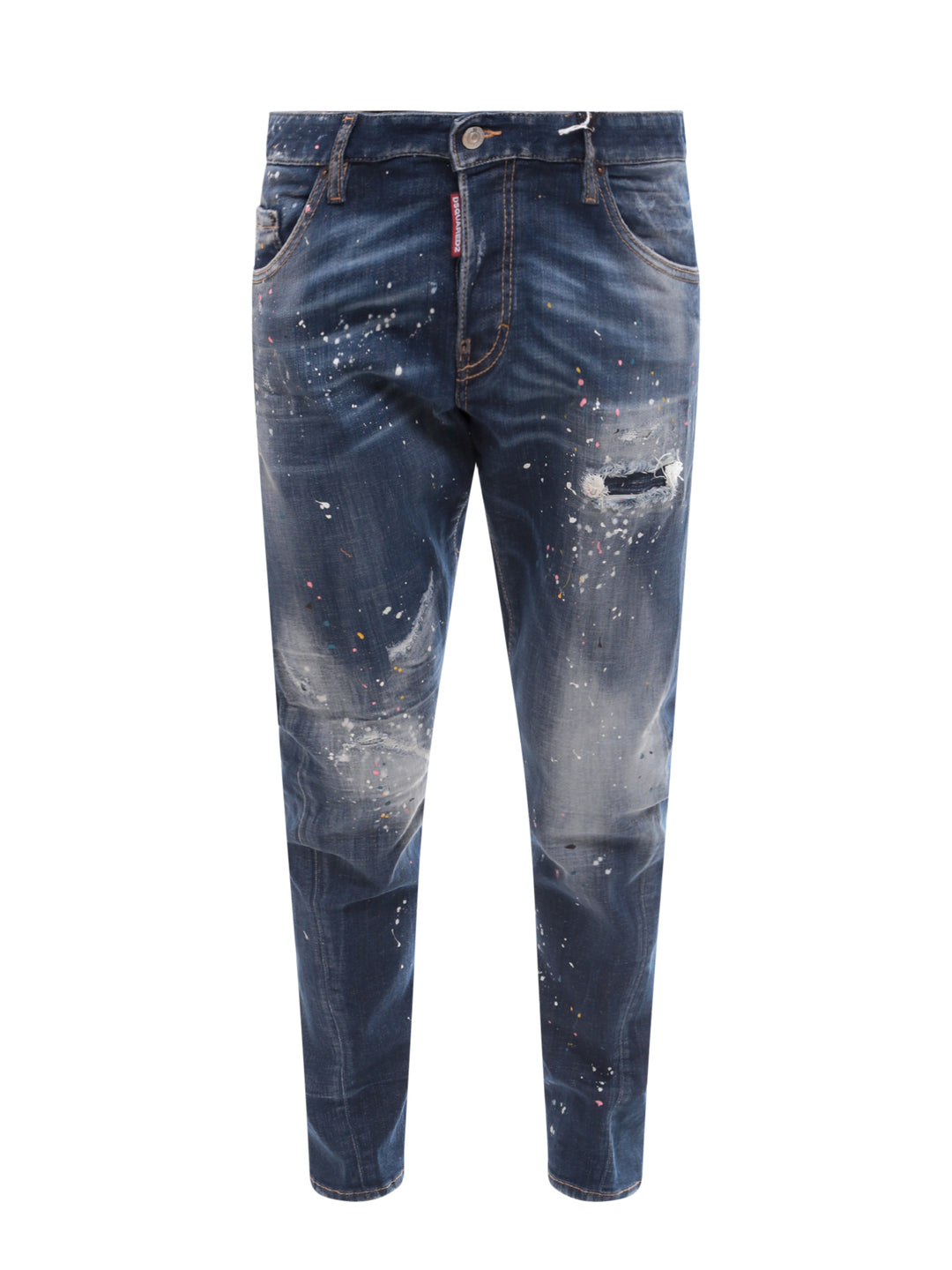 Jeans in denim con effetto destroyed e macchie di vernice