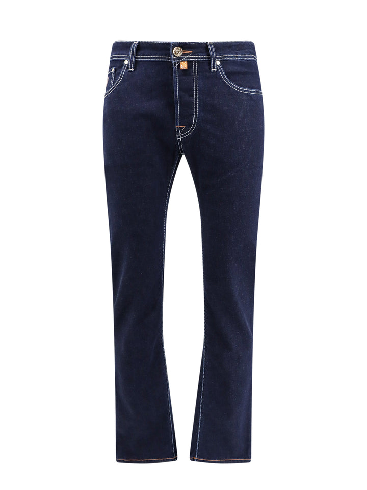 Jeans slim in cotone con patch logo posteriore