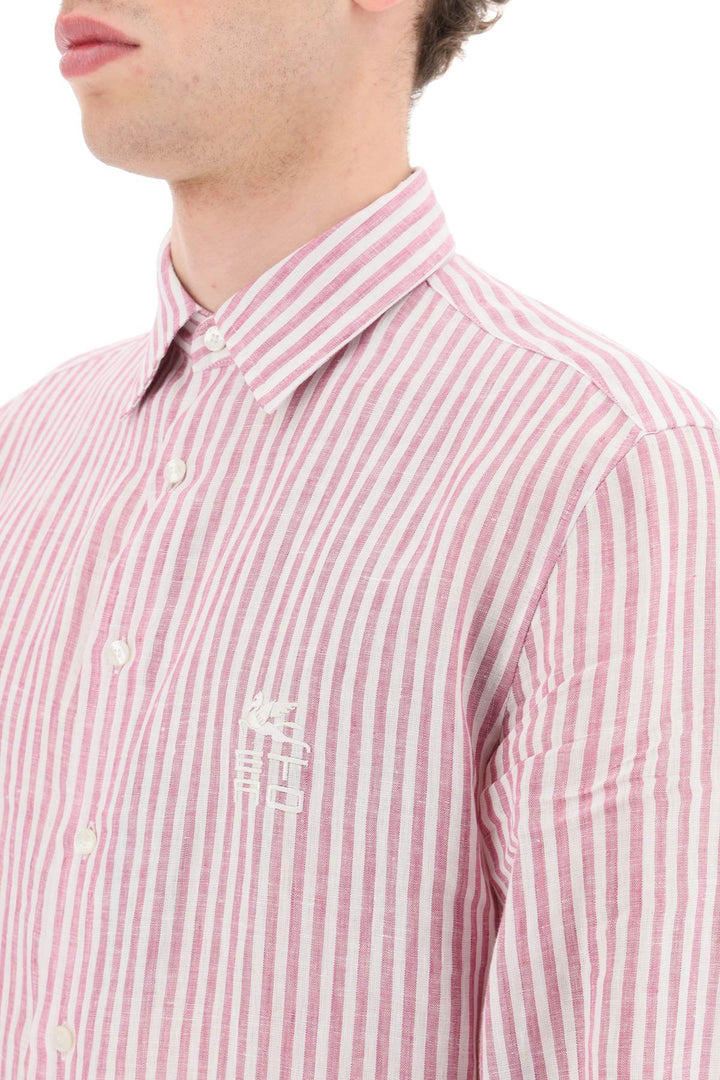 Camicia In Lino A Righe Logo Cube - Etro - Uomo