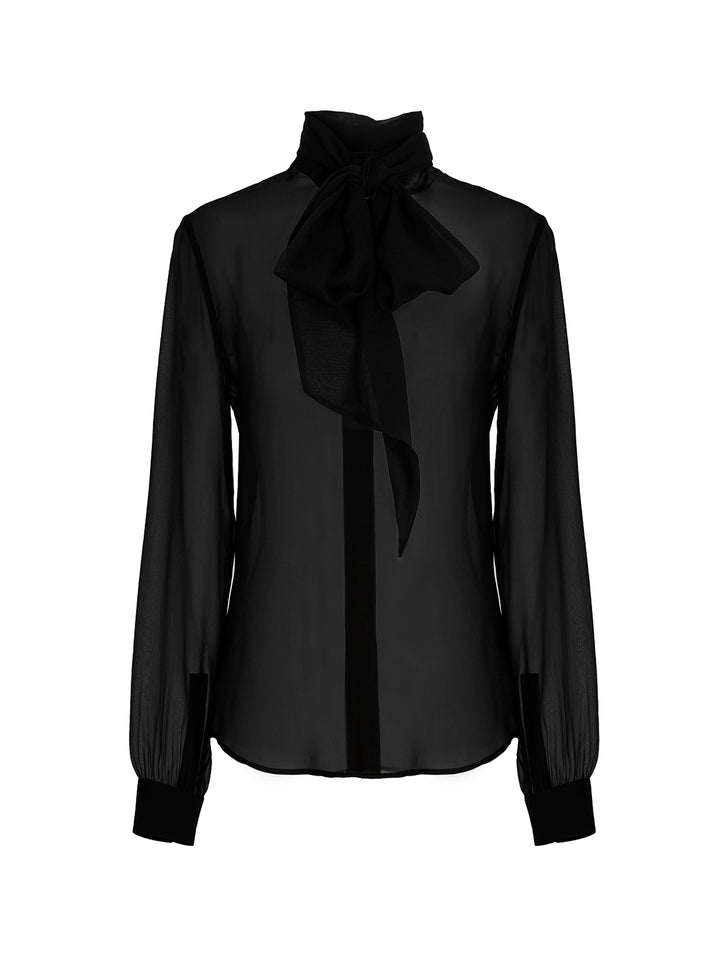 Transparent Silk Pussy Bow Blouse Camicie Nero