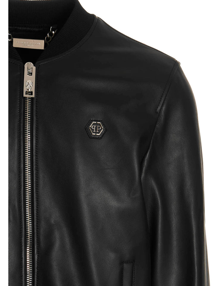 Logo Leather Bomber Jacket Giacche Nero