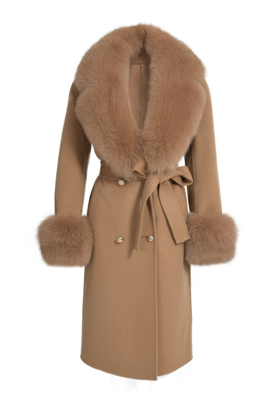 Cappotto Chic Camel in Misto Cachemire e Volpe