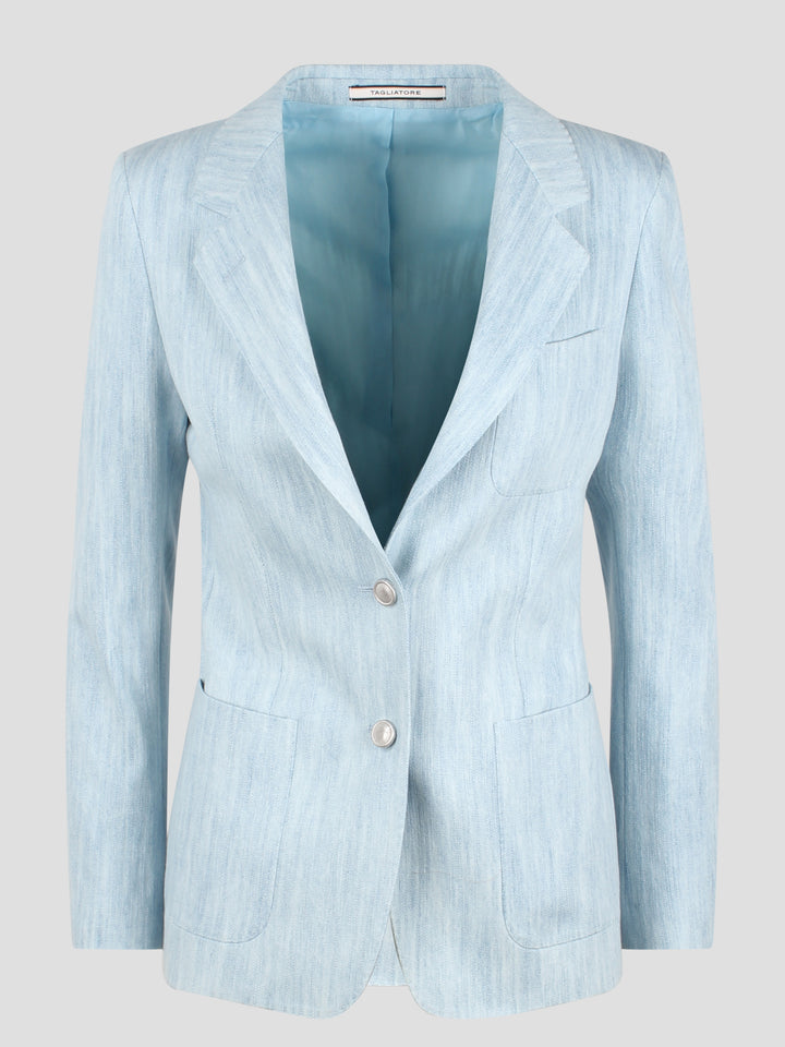Light blue denim single breasted blazer