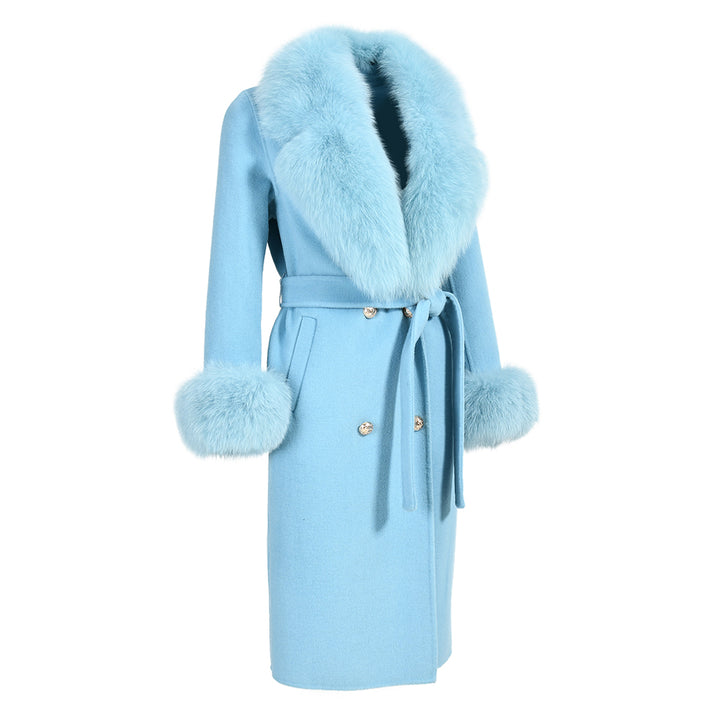 Cappotto Chic Azzurro in Misto Cachemire e volpe