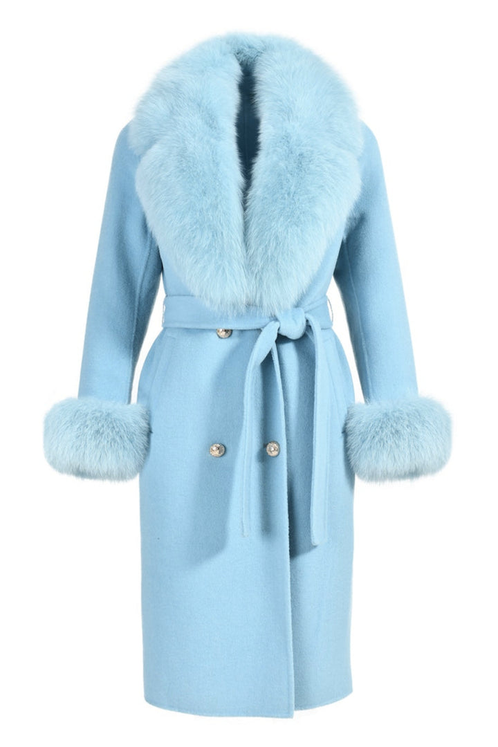 Cappotto Chic Azzurro in Misto Cachemire e volpe