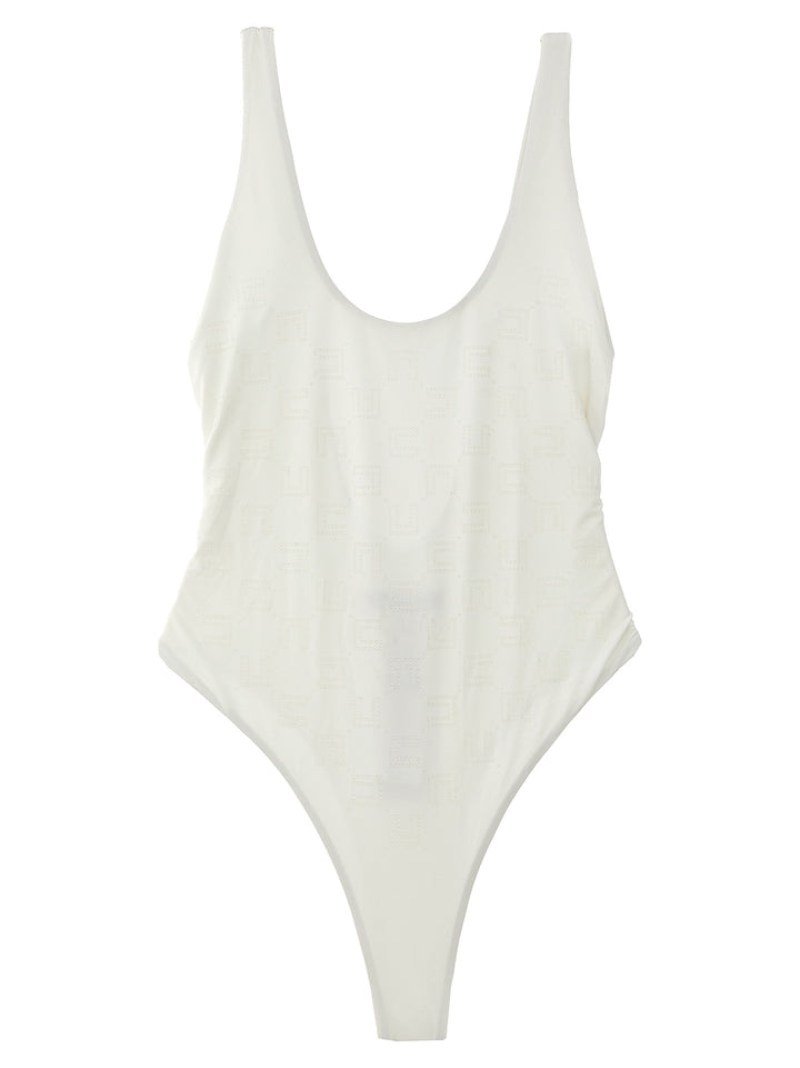 Rhinestone Logo One-Piece Swimsuit Beachwear Bianco