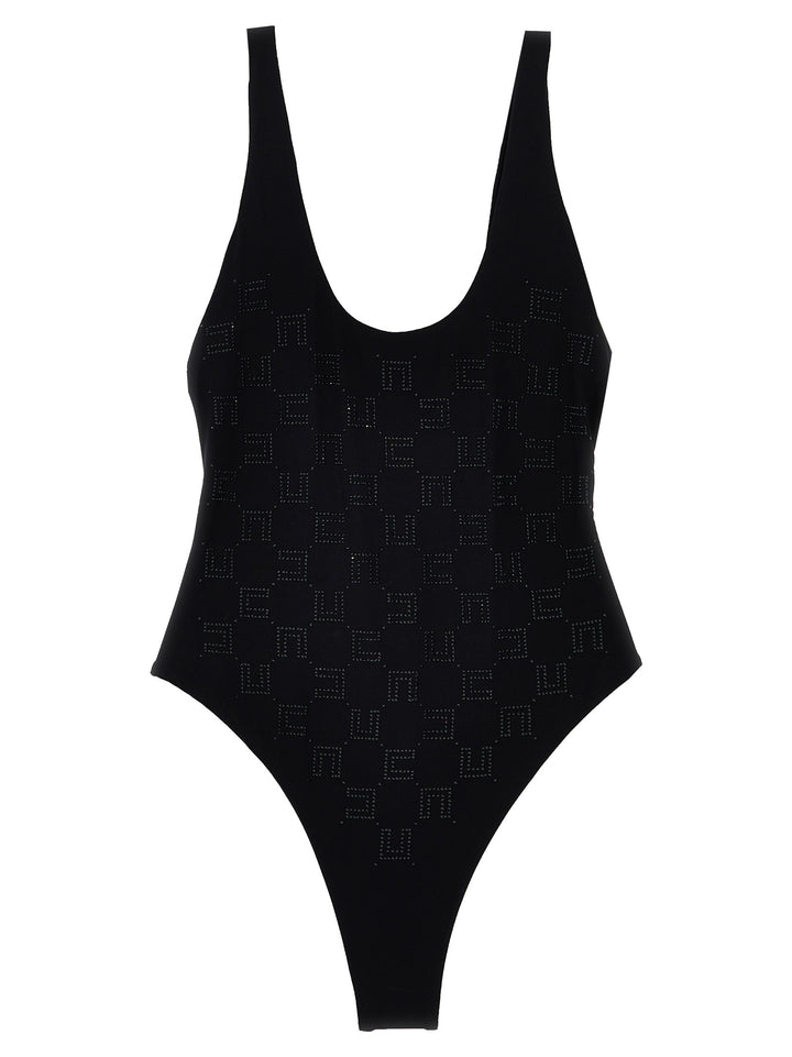 Rhinestone Logo One-Piece Swimsuit Beachwear Nero
