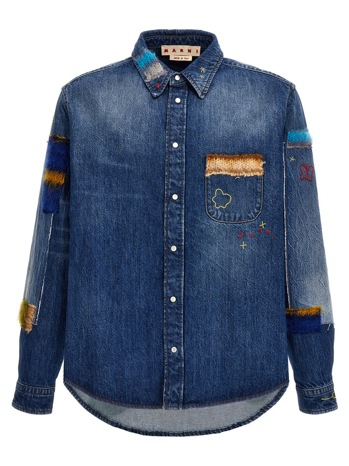 Denim Shirt, Embroidery And Patches Camicie Blu
