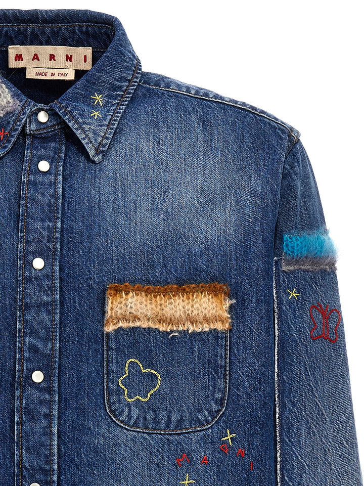 Denim Shirt, Embroidery And Patches Camicie Blu