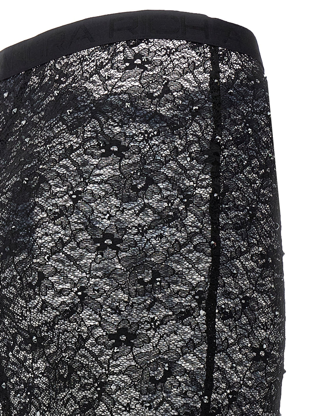 Rhinestone Lace Midi Skirt Gonne Nero