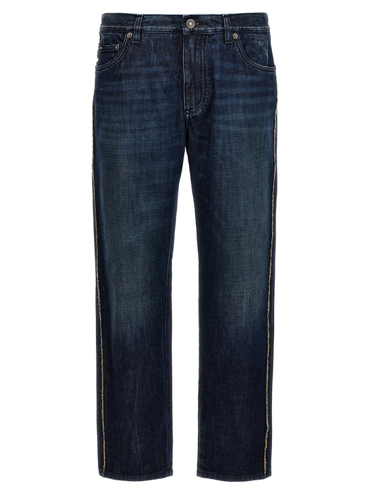 Fringed Stitching Jeans Blu