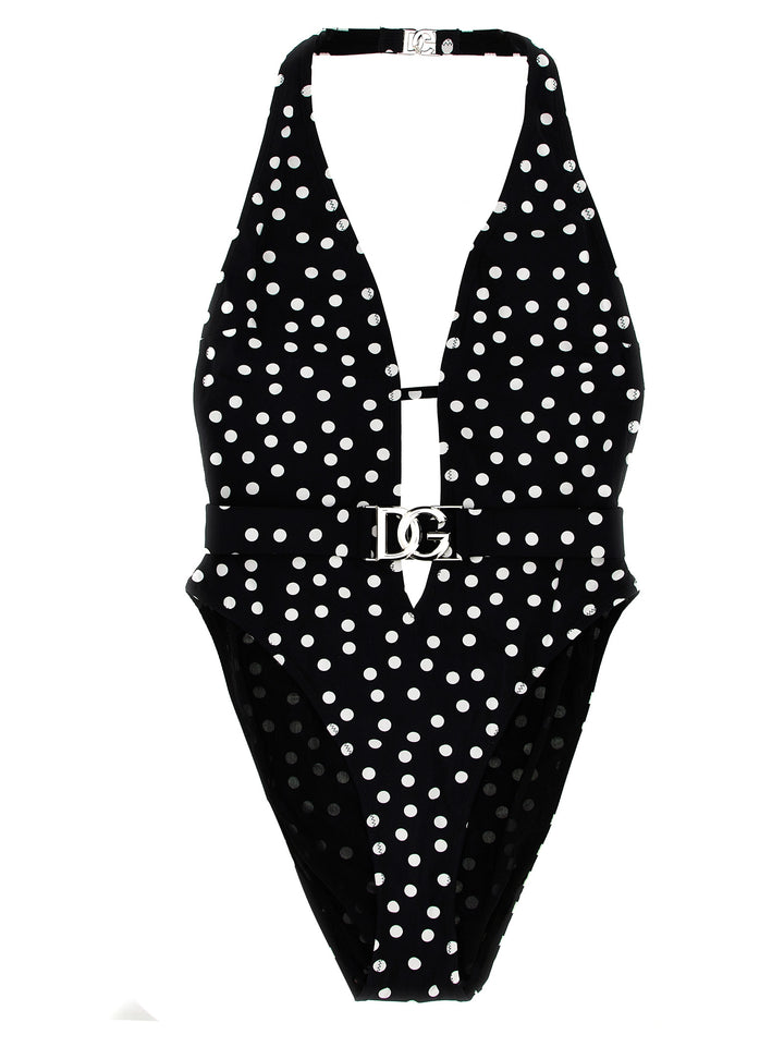 Logo Polka Dot One-Piece Swimsuit Beachwear Bianco/Nero