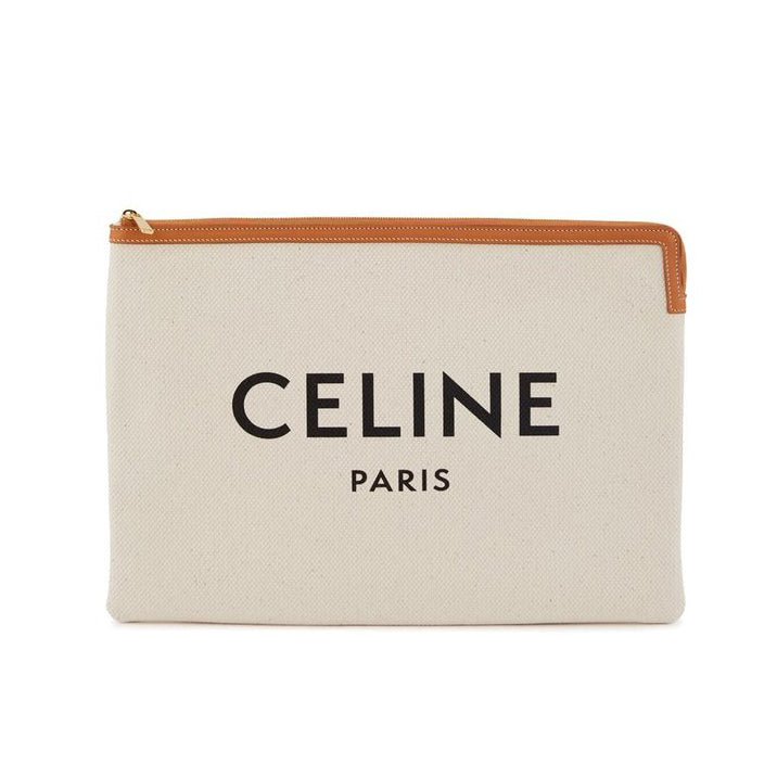 Pochette grande in tela bianca con logo-Celine-Wanan Luxury