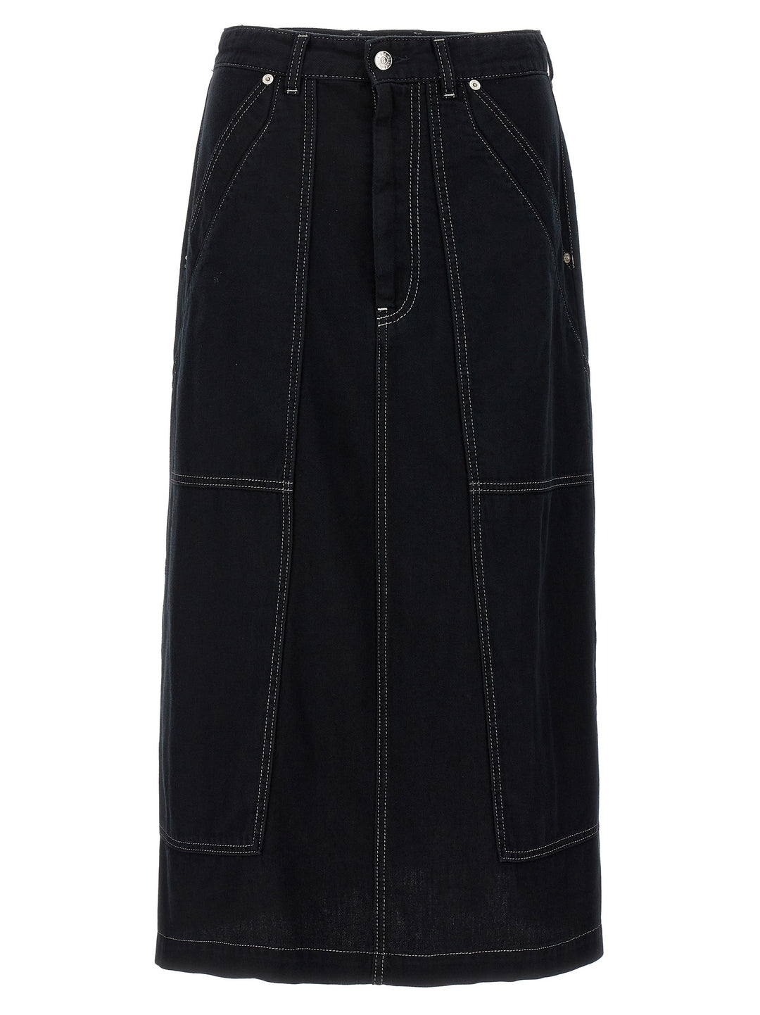 Lurex Stitching Midi Denim Skirt Gonne Nero