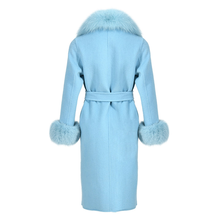 Cappotto Chic Azzurro in Misto Cachemire e volpe