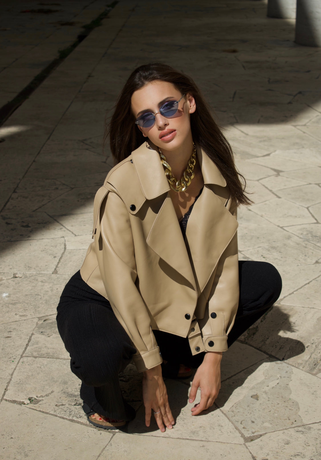 Chiodo Ilaria in pelle di agnello beige-Wanan Touch-Wanan Luxury